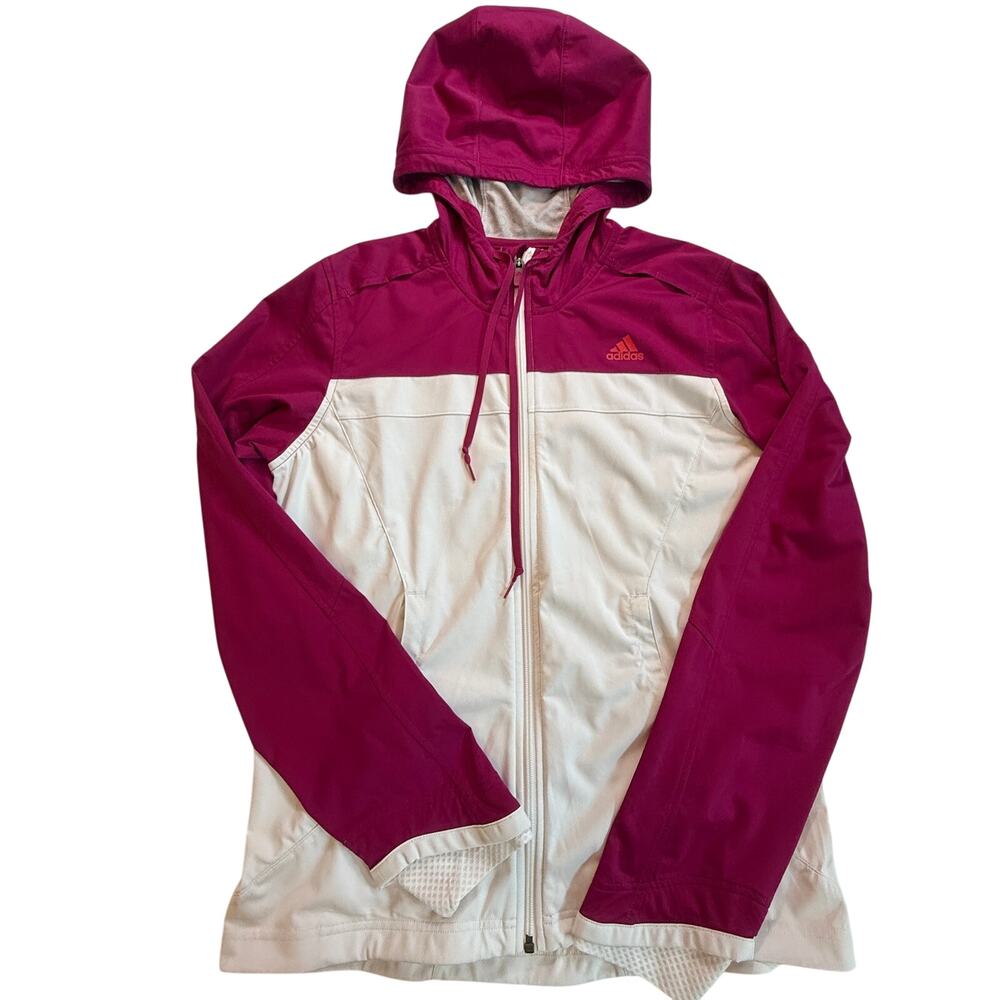 Adidas Marathon 10 Womens M Climaproof Hooded Running Jacket Pink White